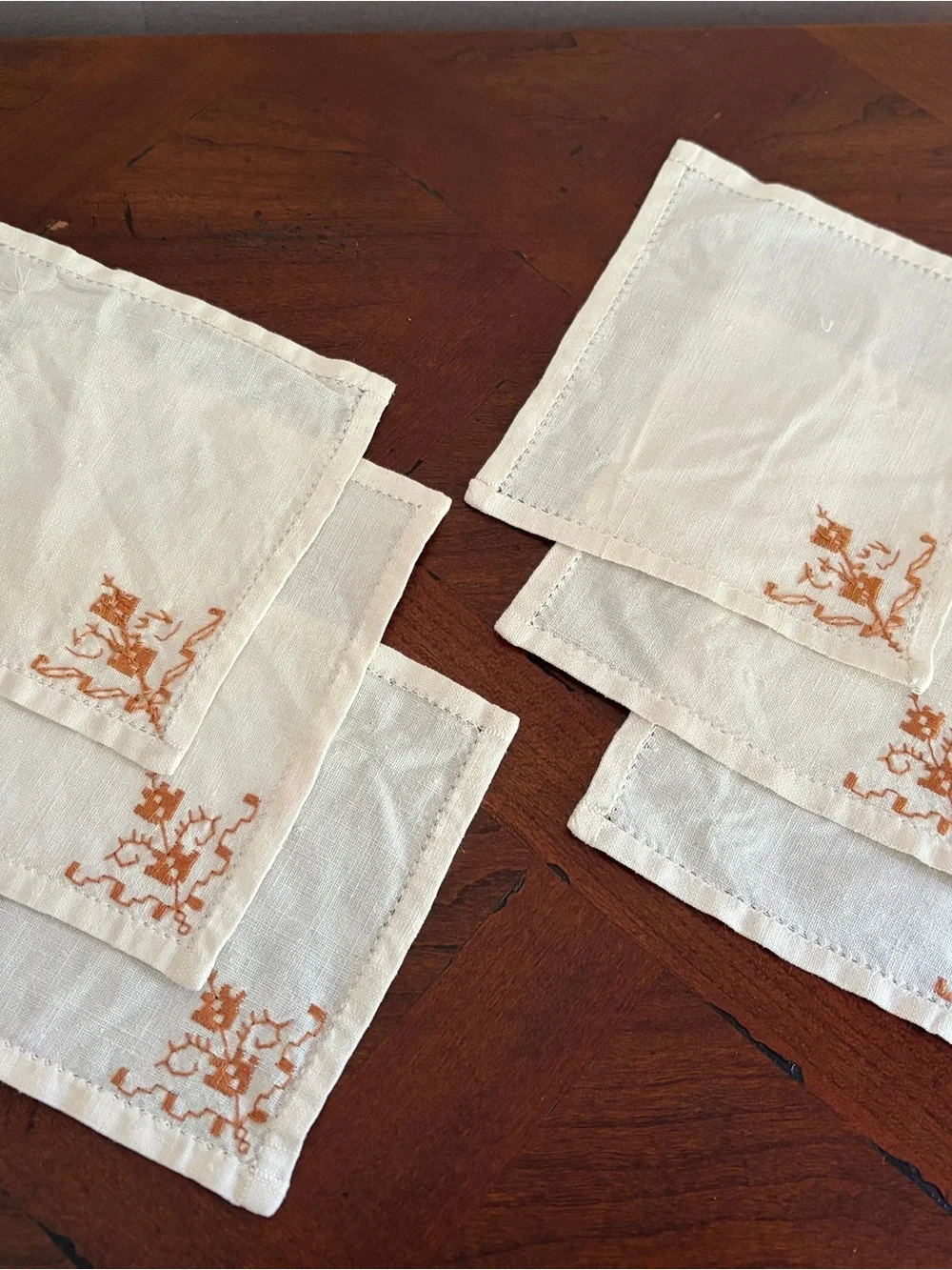 Set of 6 Off White Linen Cocktail Napkins Embroidered Corner